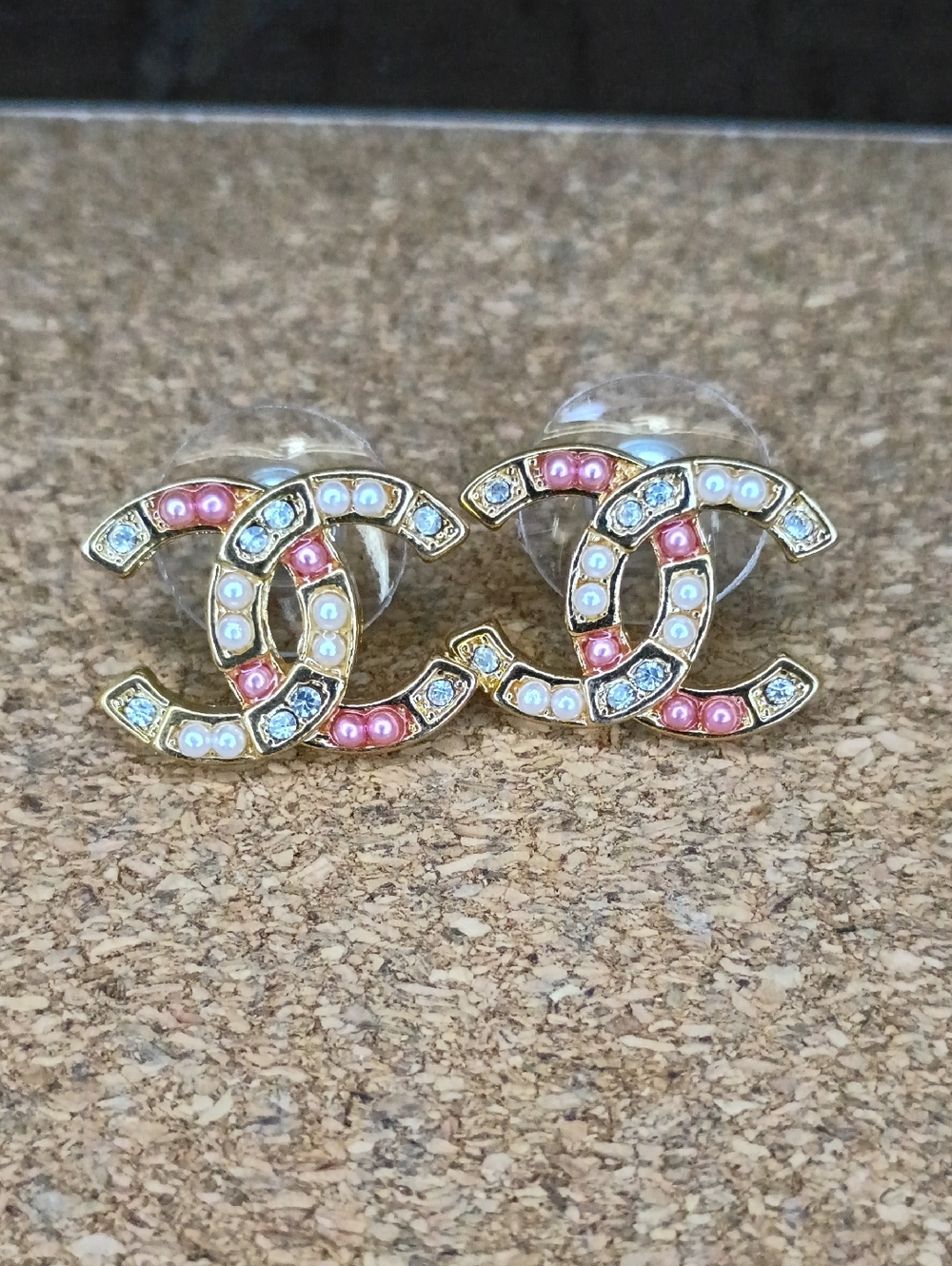 New Pink Faux Pearl Interlocking CC Stud Earrings - Fashion Jewelry